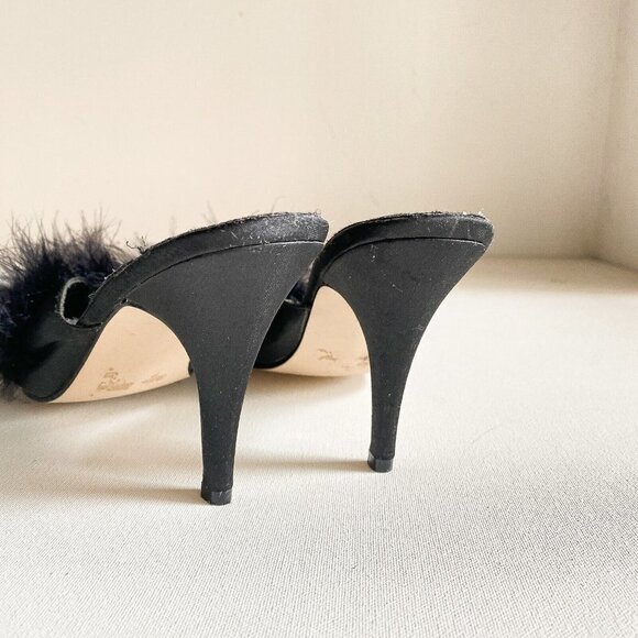 Vintage Fredric's Of Hollywood Black Satin Feather Accent Bedroom Heels 9 - Picture 6 of 11